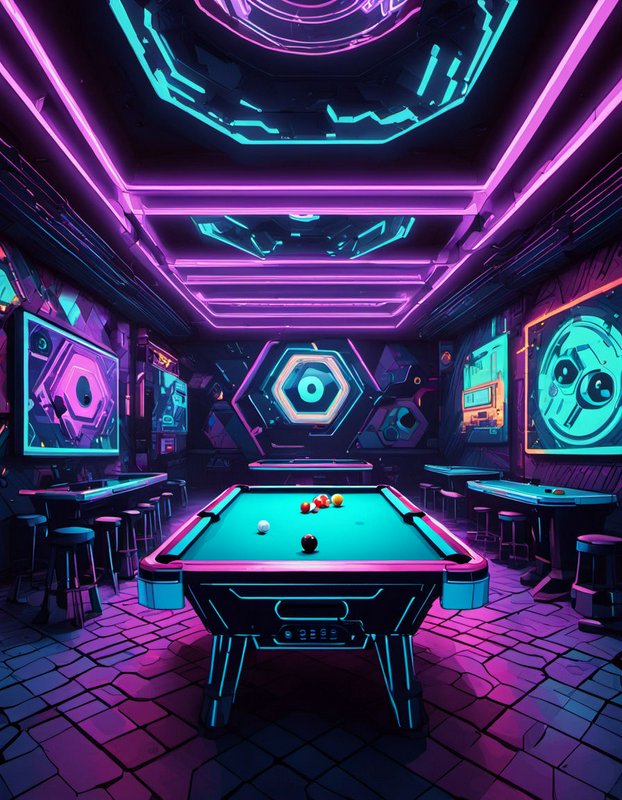 Futuristic neon-lit cyberpunk billiards lounge centered on a glowing pool table