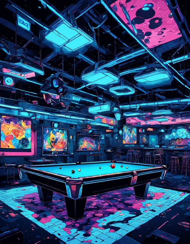 Futuristic neon cyberpunk pool hall centered on a glowing blue felt billiards table