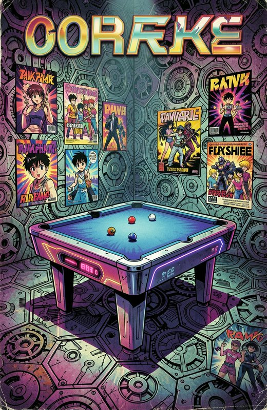 Futuristic neon pool table sits in a steampunk gear room lined with colorful anime posters