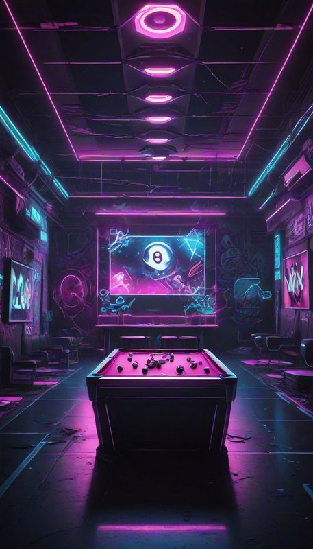 Cyberpunk game room with pink felt pool table illuminated by bright magenta and cyan neon lighting