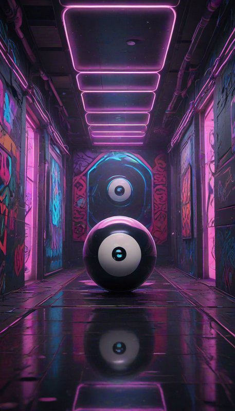 Glossy black 8-ball sits centered in a neon pink lit graffiti covered cyberpunk hallway