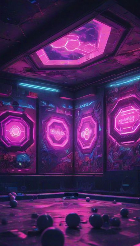 Abandoned cyberpunk billiards room lit by glowing pink neon, with scattered pool balls on a worn table