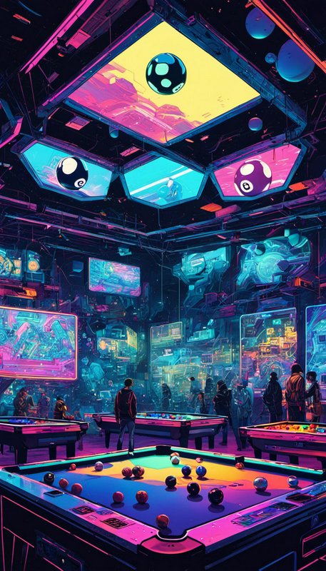Neon cyberpunk futuristic pool hall with glowing billiard tables and holographic ceiling displays