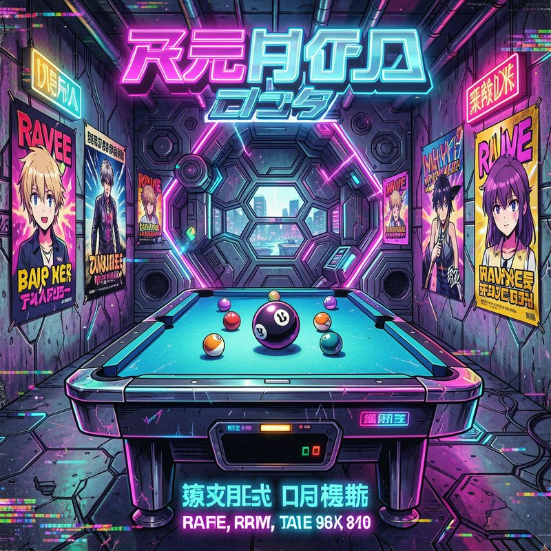 Cyberpunk anime billiards room with glowing neon signs, anime character posters, and a central pool table