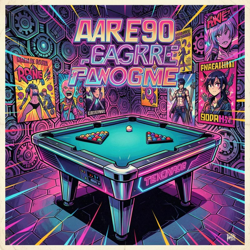 Neon cyberpunk anime illustration of a futuristic pool table in a retro arcade lounge