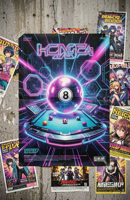 Glowing cyberpunk pool table poster surrounded by scattered anime manga flyers on cracked concrete
