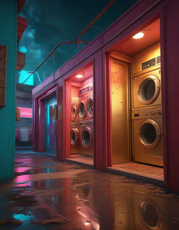 Surreal cyberpunk laundromat alley with stacked washers under a glowing starry night sky
