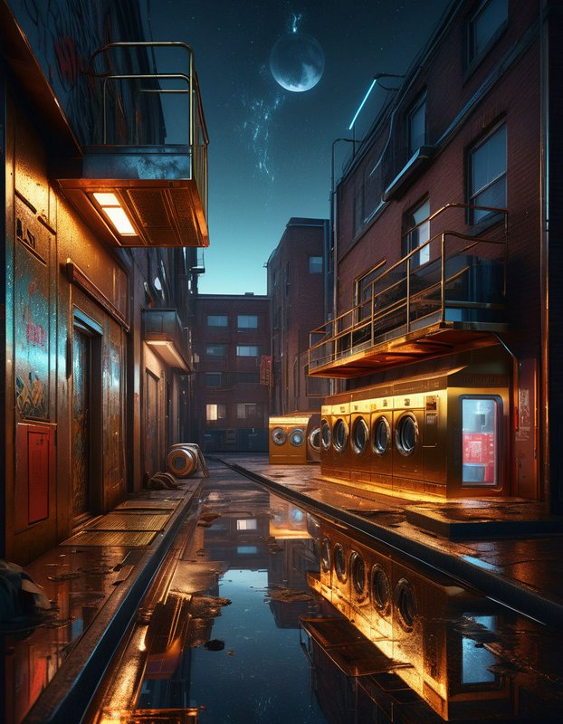 Surreal cyberpunk city alley at night, golden washers line wet reflective pavement under a glowing crescent moon