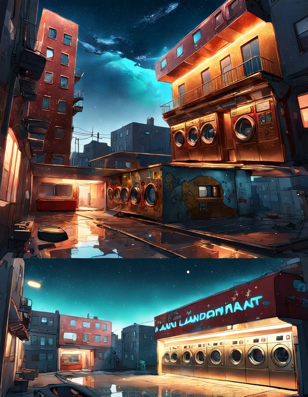Two stacked surreal illustrated night alley scenes with apartment buildings built around integrated laundromat washing