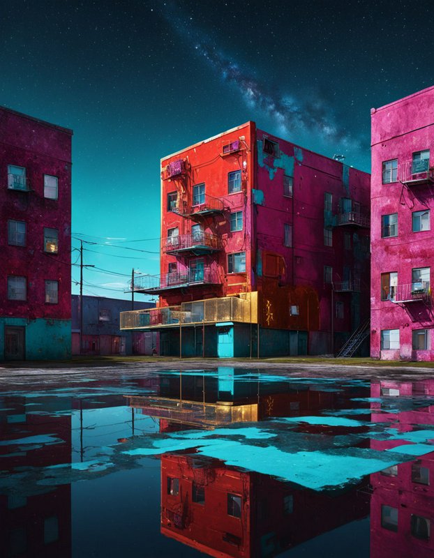 Vividly painted apartment buildings reflect in a rain puddle under a starry Milky Way night sky