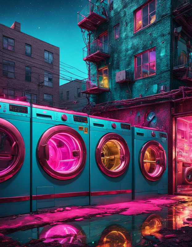 Glowing neon washing machines line a gritty cyberpunk urban alley under a starry twilight sky