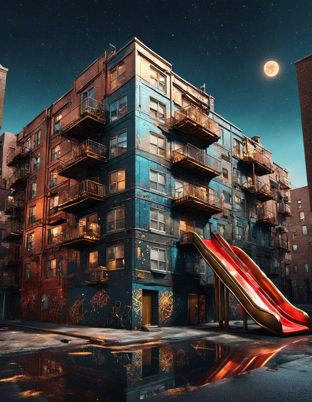 Weathered apartment building with an attached giant red slide stands under a starry full moon night sky