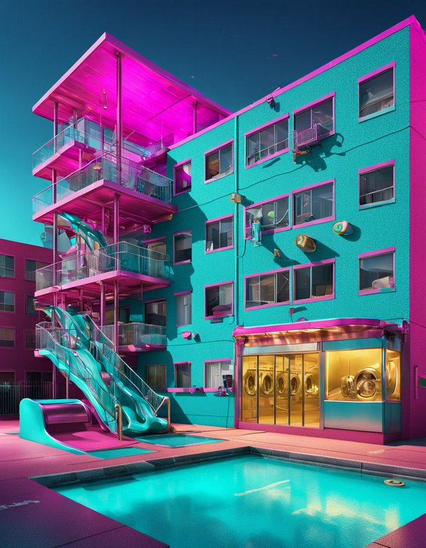 Surreal teal apartment building with hot pink trim, attached waterslide leading to a bright swimming pool