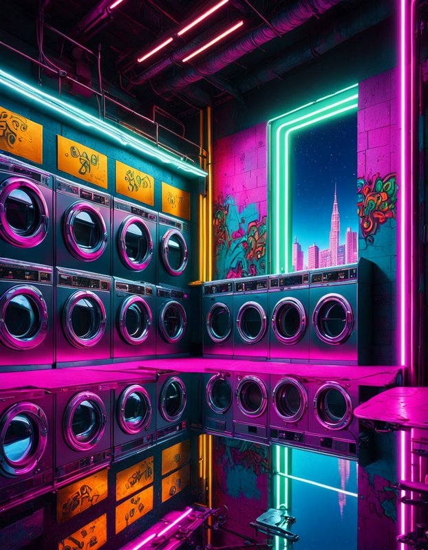 Cyberpunk neon-lit laundromat with rows of washing machines overlooking a futuristic night city skyline