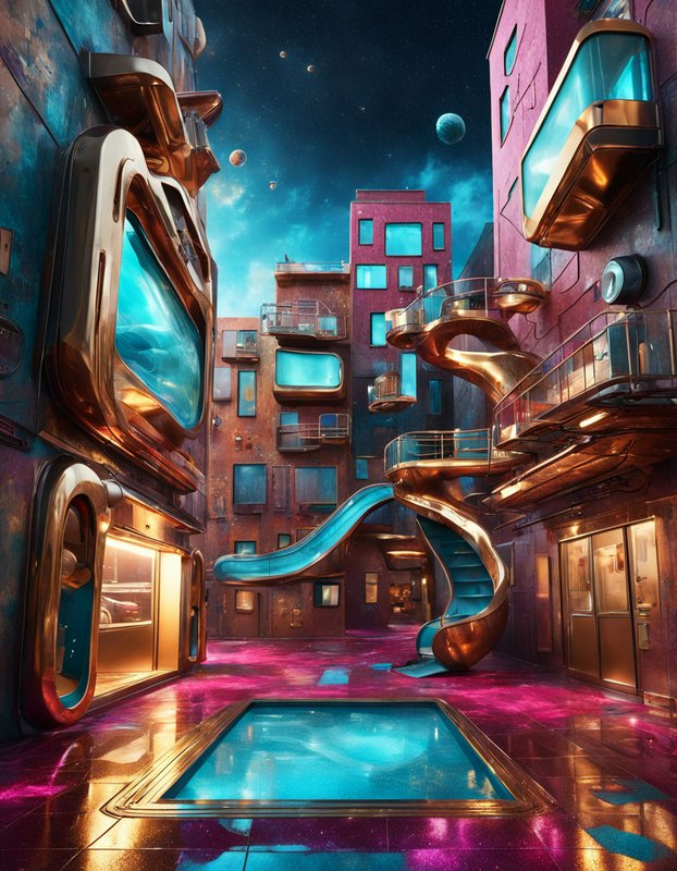 Surreal retro-futuristic apartment courtyard with a winding water slide, sunken pool, and floating planets in a starry sky