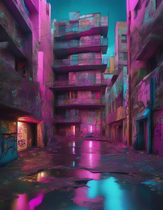 Surreal neon pink and teal grungy urban alley lined with weathered apartment blocks and wet reflective pavement
