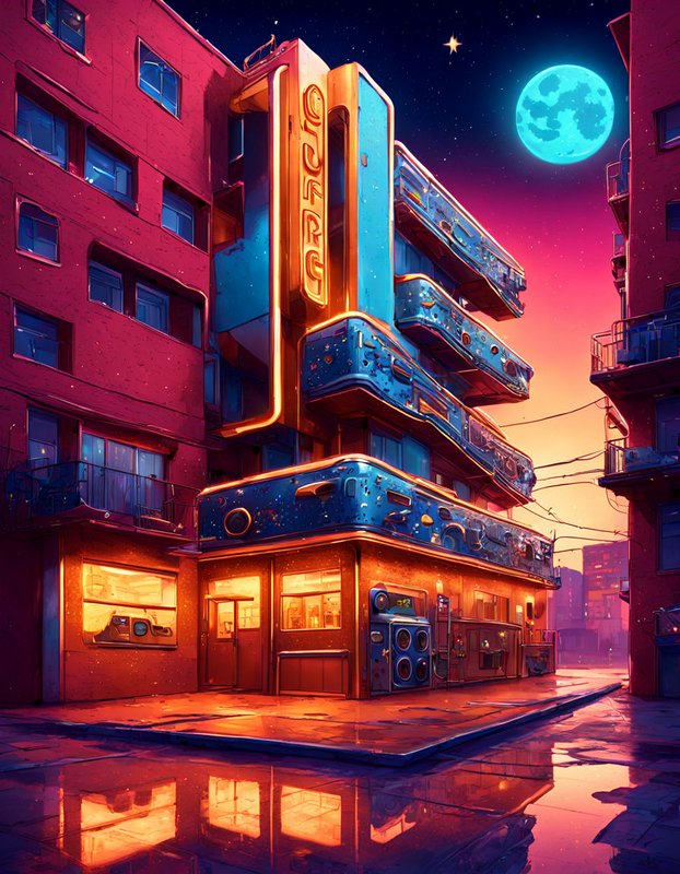 Retro-futuristic corner diner stands on a rain-slicked city street under a glowing blue full moon