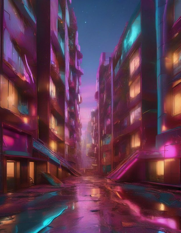 Neon lit cyberpunk street between tall buildings, wet pavement reflecting twilight glow