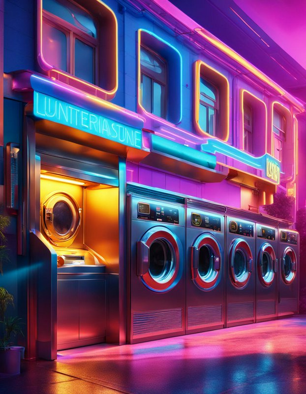 Neon cyberpunk laundromat storefront lined with stainless steel washing machines glowing under vibrant colorful neon lights