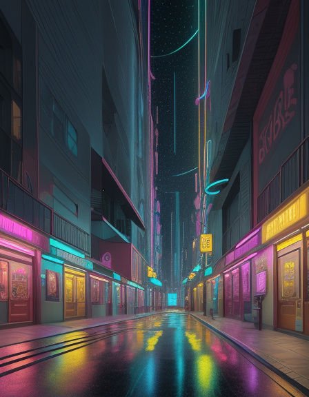Empty neon-lit cyberpunk city street with wet reflective pavement under a starry night sky