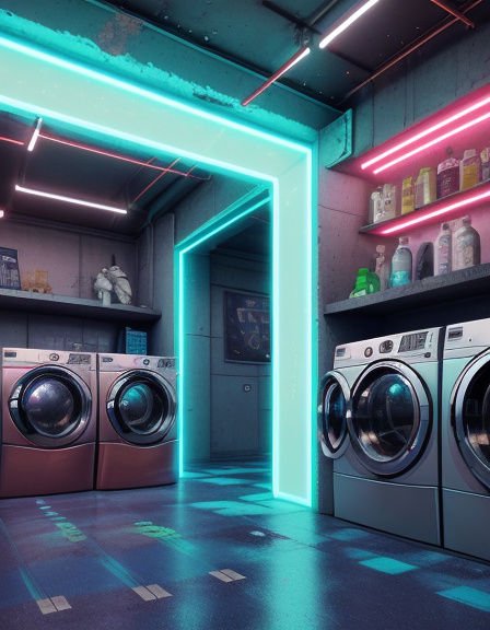 Futuristic cyberpunk laundry room lined with front load washers and glowing teal neon door frames
