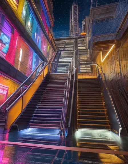 Futuristic dual staircases ascend between neon-lit city buildings under a starry night sky