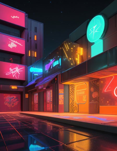 Neon lit cyberpunk city street with wet reflective pavement under a starry night sky