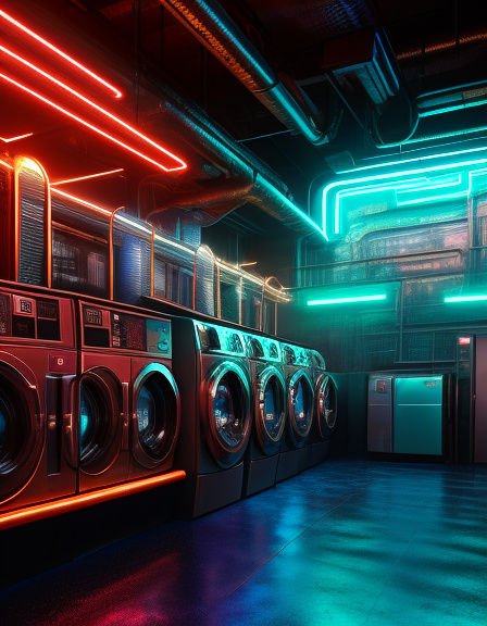 Cyberpunk style laundromat lined with industrial washing machines under glowing red and teal neon strip lights