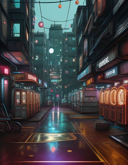 Rain-slicked cyberpunk alley lined with glowing neon storefronts under a hazy teal dusk sky
