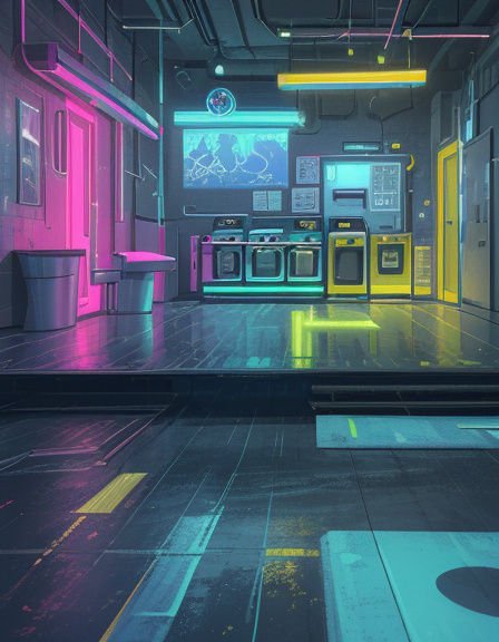 Neon lit cyberpunk laundromat interior glowing with pink, cyan, and yellow neon accents on reflective dark floors