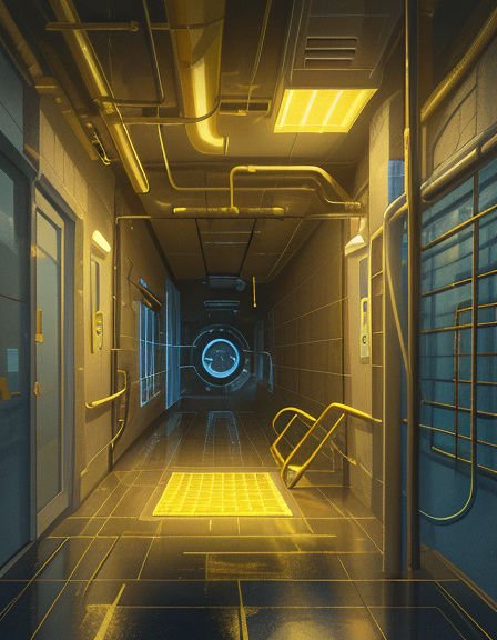 Futuristic industrial spaceship corridor lit by yellow lights leading to a glowing blue circular airlock