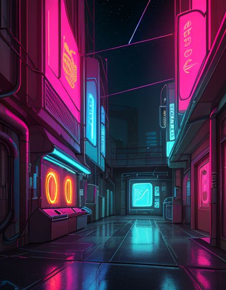 Futuristic cyberpunk alley lined with glowing neon signs beneath a dark starry night sky