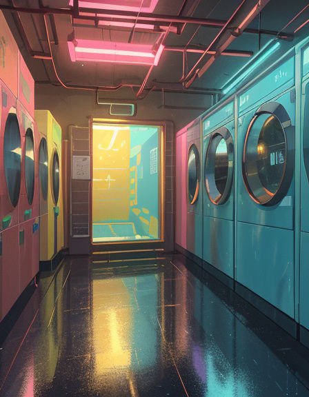 Neon lit liminal laundromat hallway lined with colorful front loading washing machines
