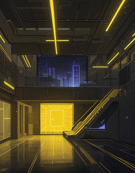 Dark futuristic cyberpunk lobby lit by glowing yellow neon, with escalator and upper level digital city display