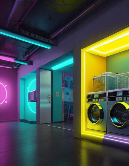 Futuristic neon-lit laundromat interior with glowing yellow, cyan, and pink LED accents