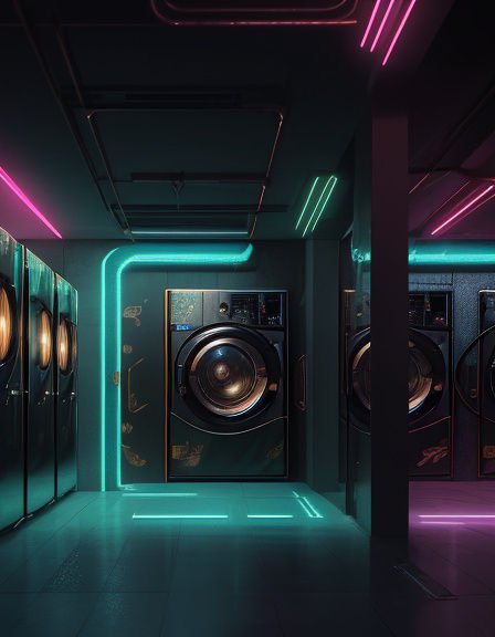 Futuristic cyberpunk laundromat lit by teal and pink neon lights around sleek front-loading washing machines