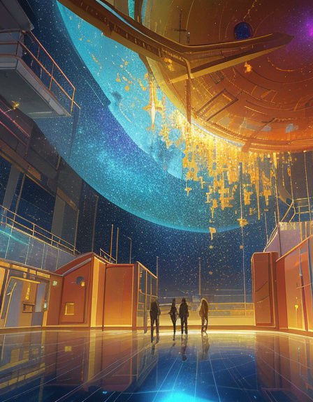 Four figures stand in a reflective futuristic atrium beneath a vast glowing starry domed ceiling