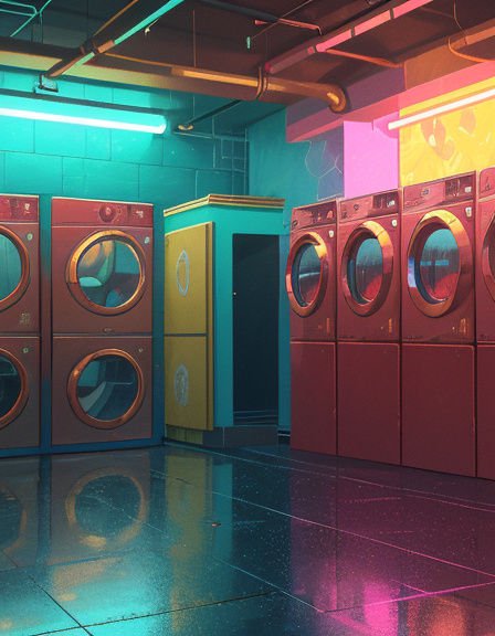 Vibrant neon lit retro laundromat lined with stacked washers and dryers on a glossy reflective floor