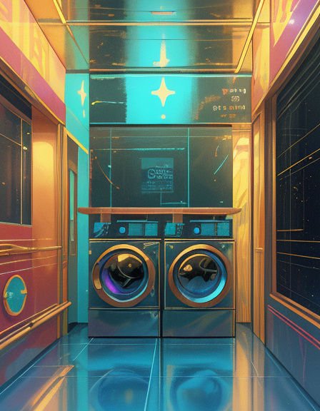 Surreal retro-futurist laundry hallway with paired side-by-side front load washing machines