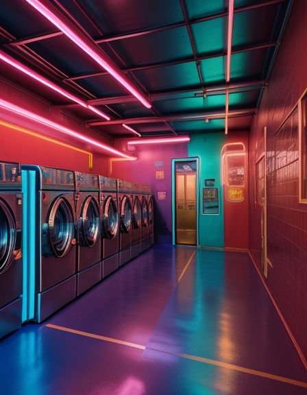 Retro-futurist laundromat lined with front loading washing machines and glowing pink neon lights
