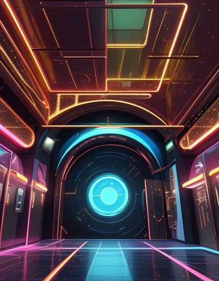 Futuristic neon-lit cyberpunk corridor leading to a glowing circular portal door