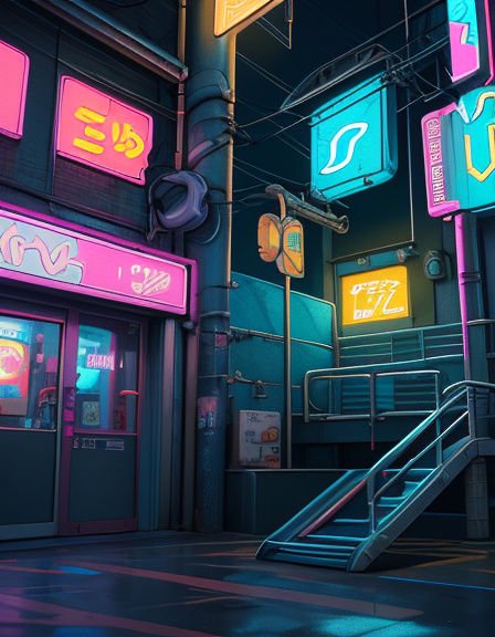 Cyberpunk side alley lined with glowing neon signs next to a metal stairwell at dark night