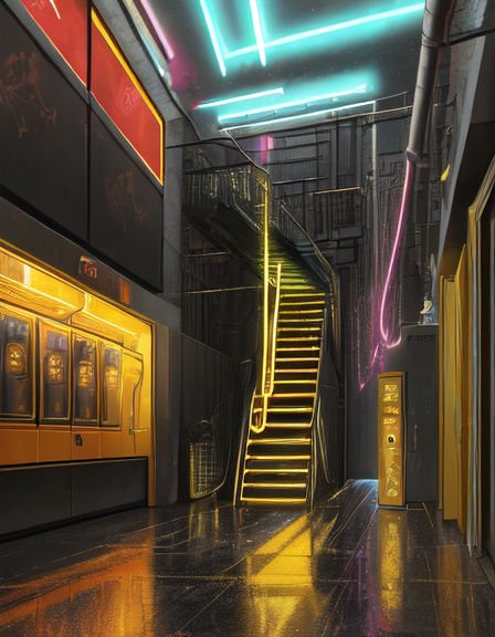 Futuristic cyberpunk hallway with neon lit staircase, glowing vending machines and reflective dark flooring