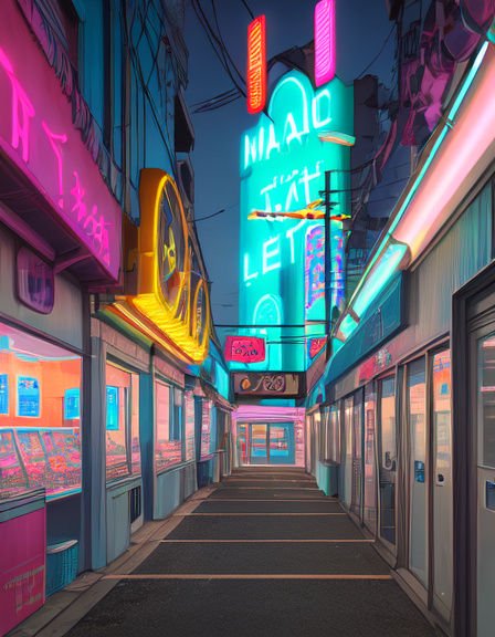 Dreamy neon-lit urban pedestrian alley lined with glowing storefront signs at dusk
