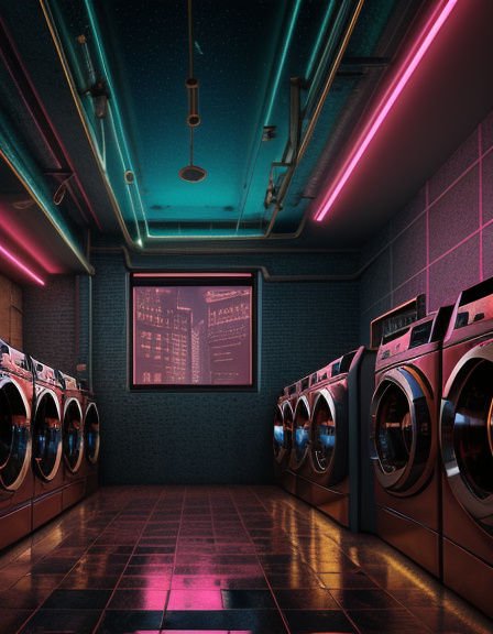 Neon lit cyberpunk laundromat lined with washing machines overlooking a night city skyline