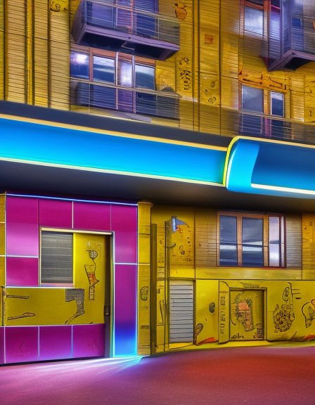 Surreal vibrant multi-story apartment building facade with bold retro-futuristic colorful design
