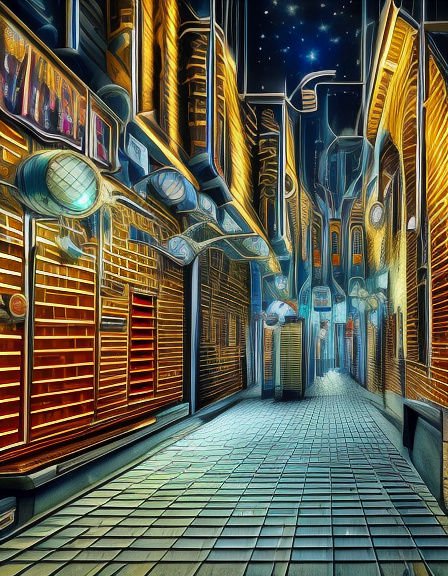 Surreal retro-futuristic alley lined with ornate golden buildings under a starry night sky