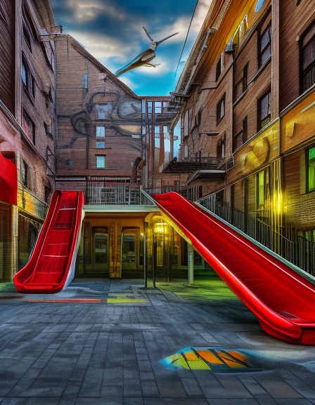 Surreal urban courtyard with two bright red slides tucked between old multi-story brick apartment buildings