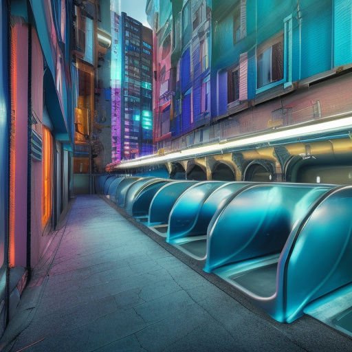 Surreal cyberpunk city alley lined with glossy teal transit pods and vibrantly colored neon buildings