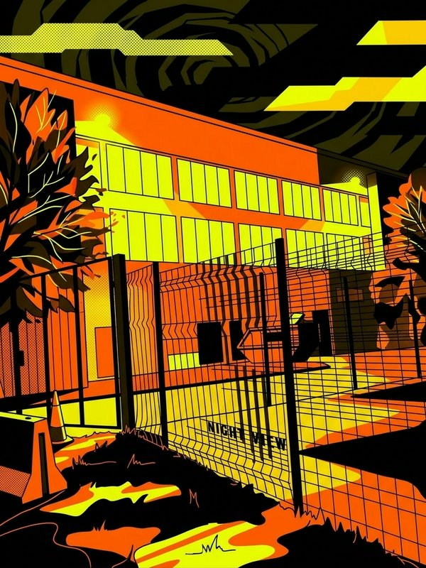 Bold pop art illustration of an industrial office building behind a security fence at night